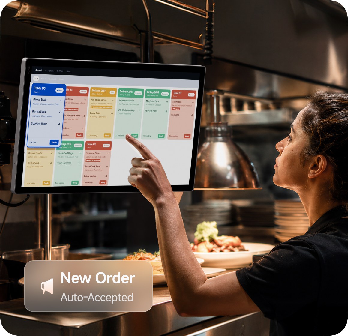 Orders sync automatically. No more running between FOH and BOH.